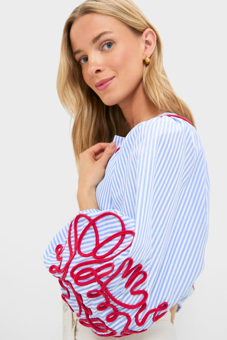 Blue Stripe & Red Soutache Stella Blouse