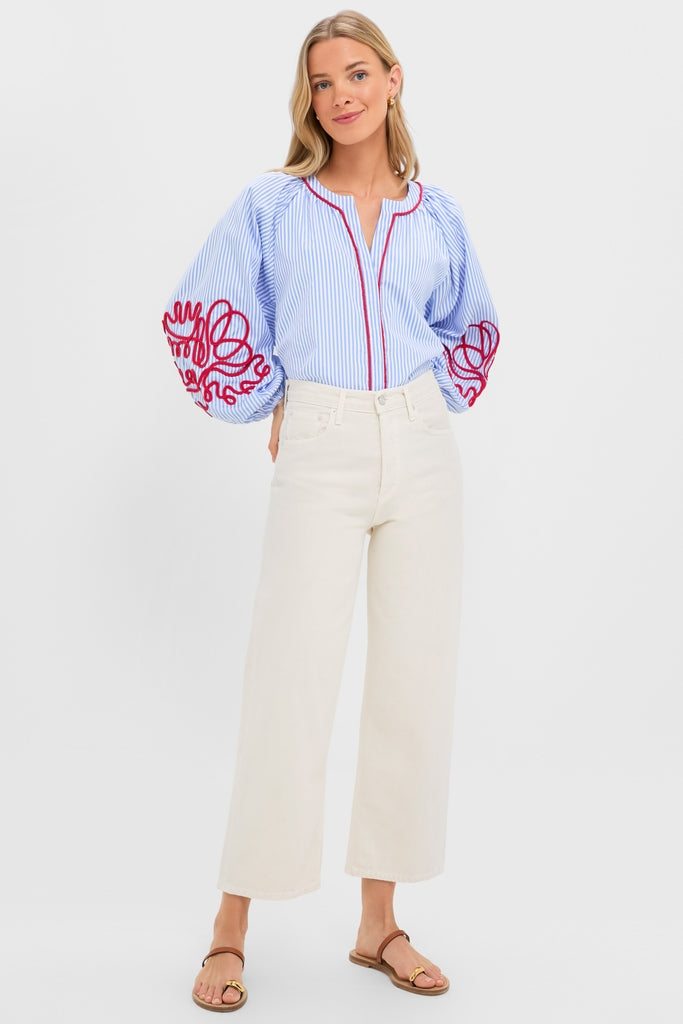 Blue Stripe & Red Soutache Stella Blouse