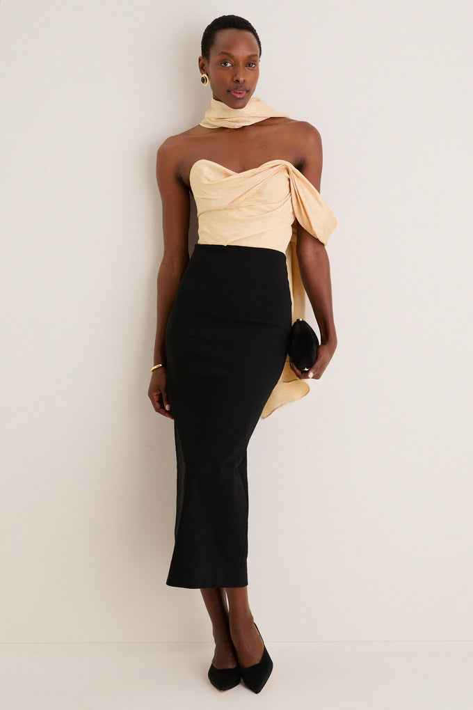 green emerald velvet dress Black V Neckline Maxi Dress with Scarf and Hand-Made Gold Pleated Ston –  LEAM ALMES main image 1