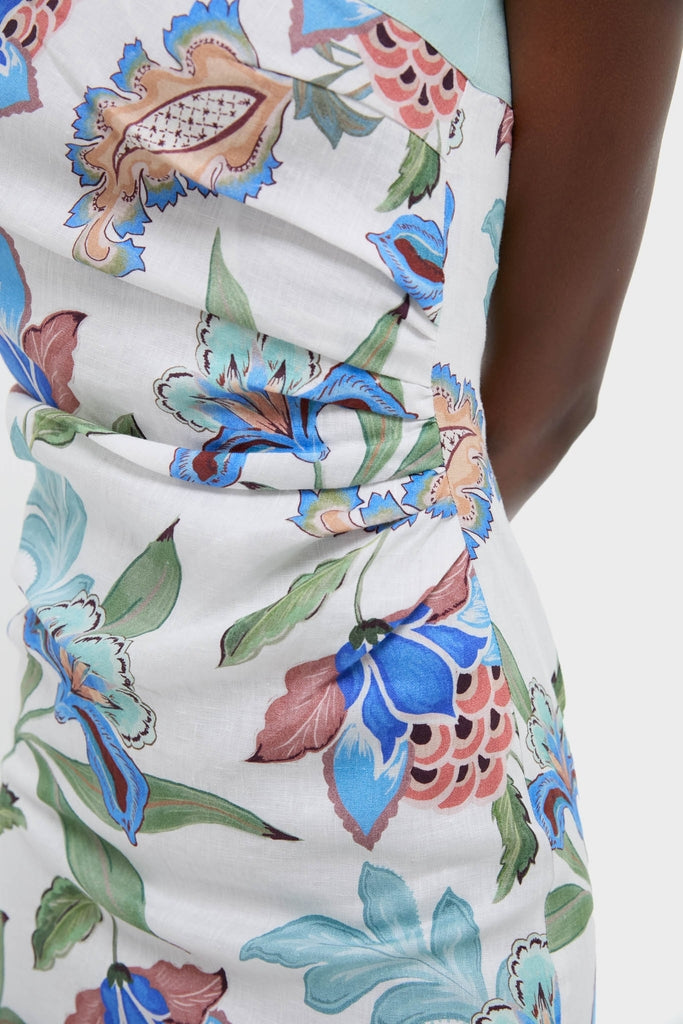 Azure One-Shoulder Midi Dress features a classic, effortless design with side-wrap detail, showcasing a fun, high-end multicolored floral print against a plain background.