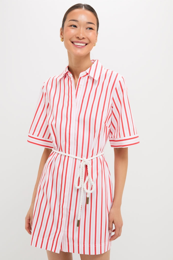 Young woman wearing the Red Stripe Maddie Mini Dress, a classic, effortless shirt-dress with a structured collar and rope belt, exuding fun and high-end style.