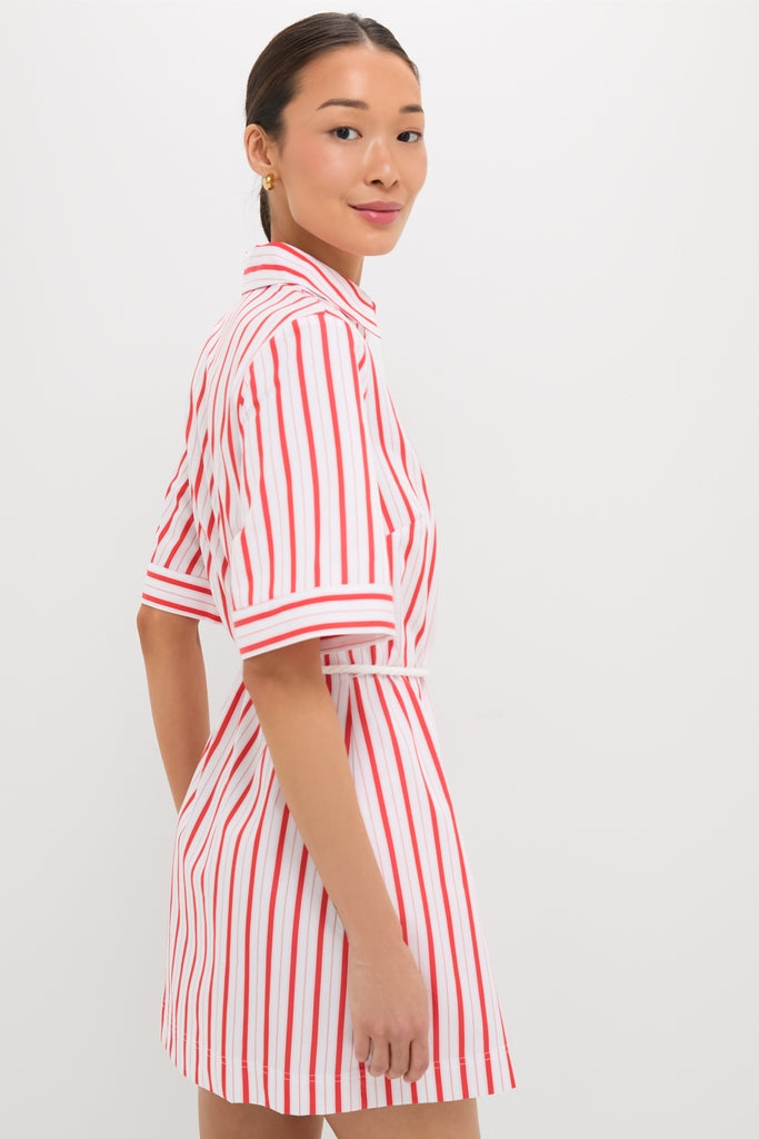 Woman wearing the Red Stripe Maddie Mini Dress—a classic, effortless shirtdress with gold hoop earrings. Features button-front, rope belt, and side seam pockets for a fun, high-end look.