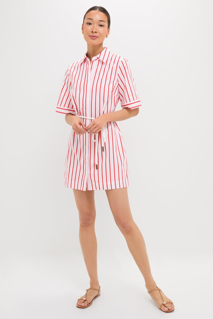 Young woman models the classic, effortlessly chic Red Stripe Maddie Mini Dress with short sleeves and a thin belt, embodying fun, high-end style against a white background.