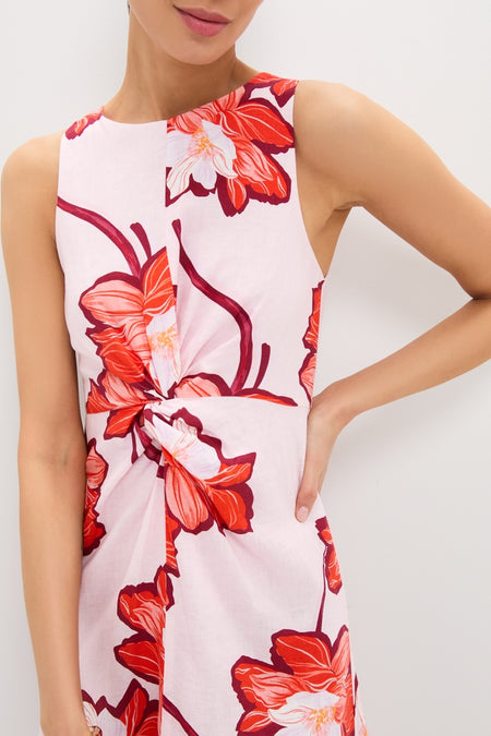 Lani Maxi Dress: Classic sleeveless A-line with vibrant floral print, high neckline, and twist detail at waist. Effortless, fun, and high-end style for any occasion.