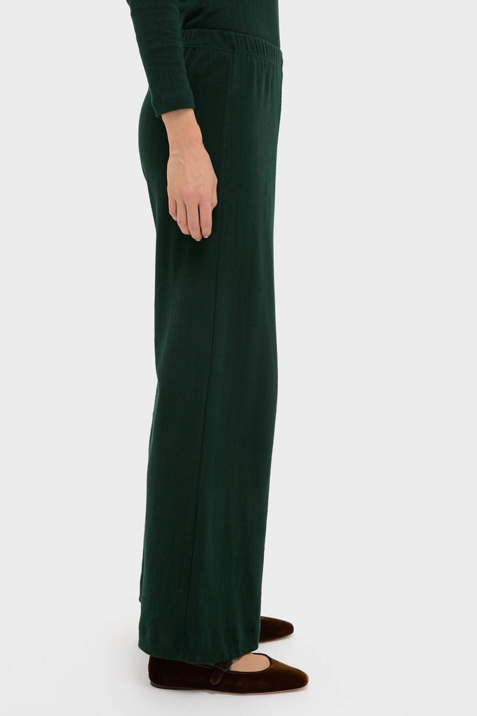 Forest Pointelle Boxer Pants in a classic, relaxed fit with an elastic waistband, worn with velvet Mary Jane flats, capturing effortless, high-end style and fun versatility.