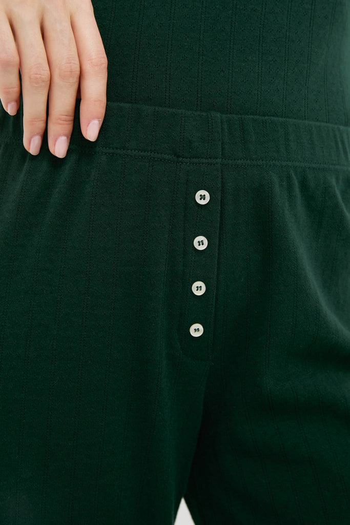 Forest Pointelle Boxer Pants: classic ribbed-knit lounge pants with vertical buttons and elastic waistband, embodying effortless style and high-end comfort for fun, versatile wear.