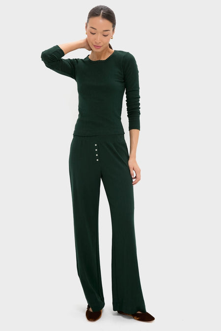 Model wearing Forest Pointelle Boxer Pants, showcasing a classic, effortless, and fun high-end lounge set with wide-leg design and henley buttons, embodying versatile comfort and style.