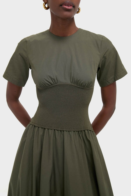 Fern Wrenna Short Sleeve Midi Dress with gathered bustline and rib-knit waist, creating a classic, effortless silhouette. Paired with simple gold hoops for a fun, high-end look.