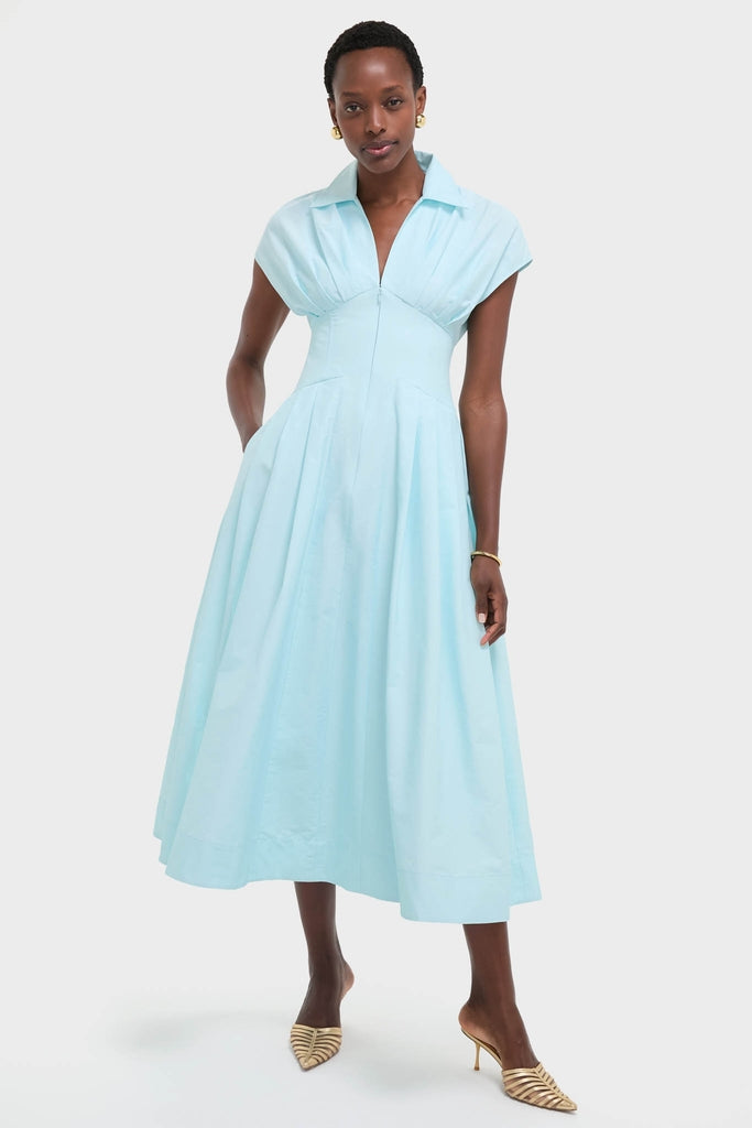 Sky Farlow Midi Dress: classic A-line silhouette with cap sleeves, fitted bodice, mid-calf pleated skirt. Effortlessly accessorized with gold jewelry and textured mules.
