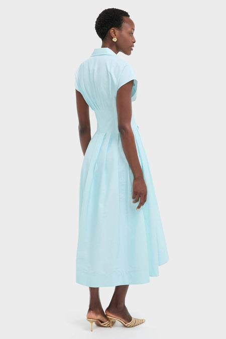 Woman in a classic, effortlessly elegant Sky Farlow Midi Dress, featuring a fitted waist and full pleated skirt, accessorized with gold hoops and chic mules.