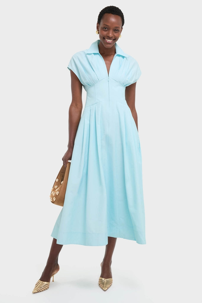 Sky Farlow Midi Dress, an effortlessly classic piece with a fitted waist and flared skirt, paired with a fun woven tote and high-end metallic mules.
