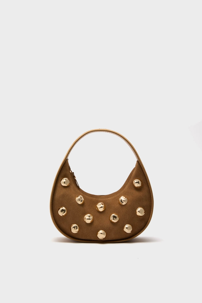 Classic Camel Finn Studded Suede Shoulder Bag with effortless style; features a crescent shape, short handle, and polished gold-tone studs for a fun, high-end look.
