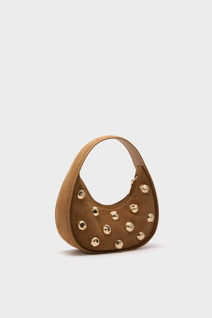 Camel Finn Studded Suede Shoulder Bag, a classic crescent-shaped handbag with gold-tone studs and a top handle, exudes effortless, high-end style. Perfect for fun, versatile wear.