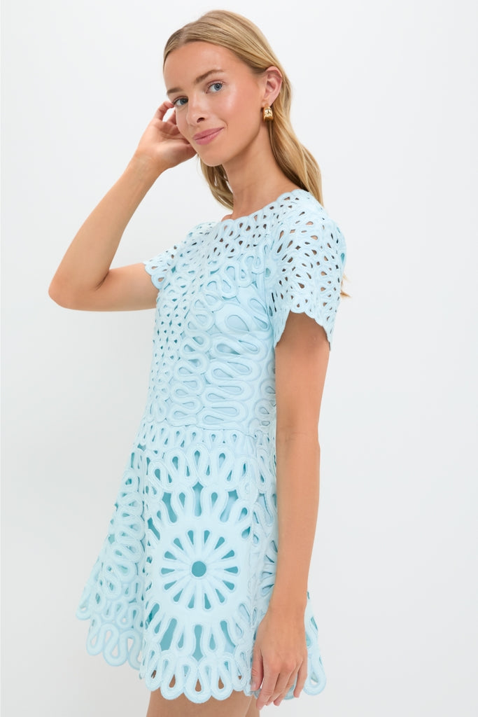 Sky Emrys Mini Dress: A classic, effortless dress with a fitted bodice, voluminous skirt, and lace-like pattern, embodying fun, high-end style. Model exudes confidence.