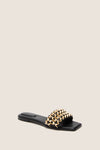 Black Faye Beaded Leather Flat Slides featuring a classic slip-on design with gold-tone woven strap, embodying effortless elegance and high-end style for a fun, versatile look.