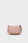 Pale Pink Logan Leather Crossbody, a classic saddle-shaped bag with effortless blush-pink leather, gold-tone accents, and matching strap, exuding fun and high-end style.