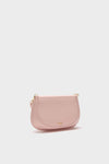 Pale Pink Logan Leather Crossbody: A classic, high-end saddle-shaped bag with an effortless blush-pink finish, gold-tone hardware, and adjustable strap for fun, stylish wear.