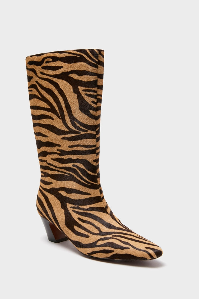 Zebra Cleo Boots: Classic mid-calf women's boot with a low block heel and animal-print design, offering an effortless, high-end style for fun, confident wear.