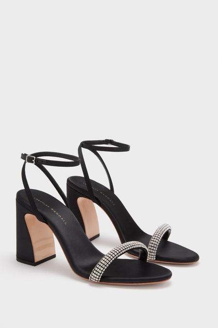 Black Satin with Diamonds Malia Heels, classic block-heeled sandals with crystal-embellished toe strap, offering effortless elegance and fun for any high-end occasion.