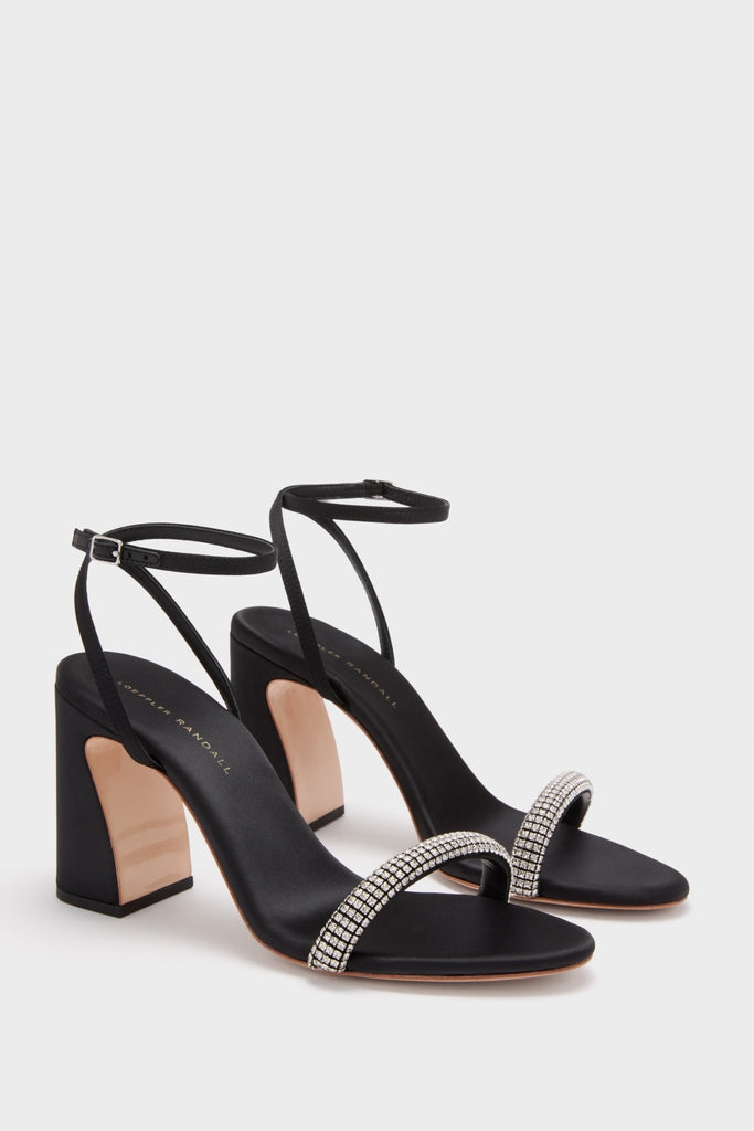 Black Satin with Diamonds Malia Heels, classic block-heeled sandals with crystal-embellished toe strap, offering effortless elegance and fun for any high-end occasion.