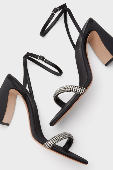 Black Satin with Diamonds Malia Heels: classic black high-heeled sandals with sparkling rhinestone toe strap, block heel, and adjustable ankle strap for an effortless, fun, and high-end look.