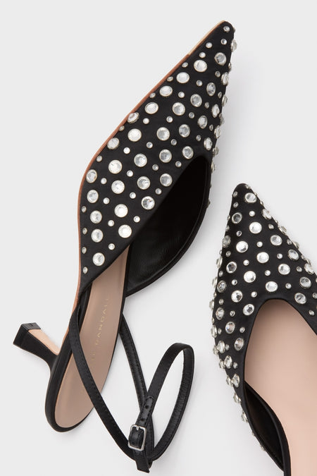 Black Satin with Crystal Rio Heels: Classic pointed-toe slingbacks with crystal embellishments, effortless kitten heels, and adjustable straps, perfect for high-end, fun events.