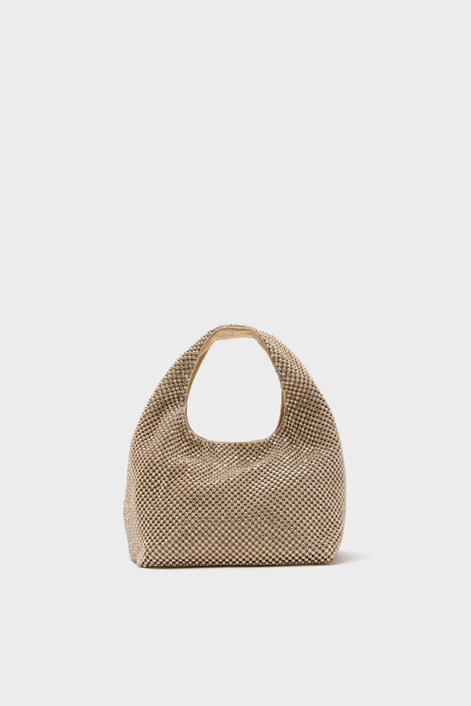 Gold Diamante Kenzie Bag: A classic, effortless hobo bag adorned with shimmering gold-tone beads, featuring a cut-out handle and soft silhouette for high-end, fun style.