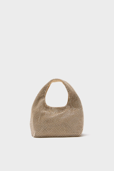 Gold Diamante Kenzie Bag: A classic, effortless hobo bag adorned with shimmering gold-tone beads, featuring a cut-out handle and soft silhouette for high-end, fun style.