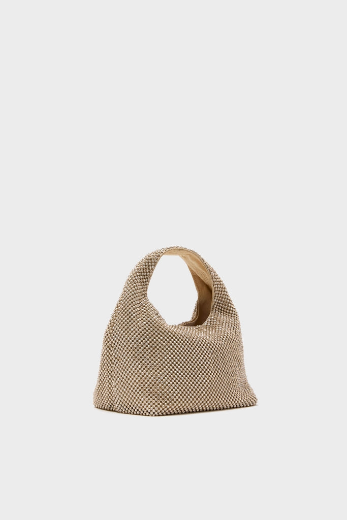 Gold Diamante Kenzie Bag: A classic, high-end evening purse with a slouchy, beaded design and top handle, perfect for effortless, fun elegance at any event.