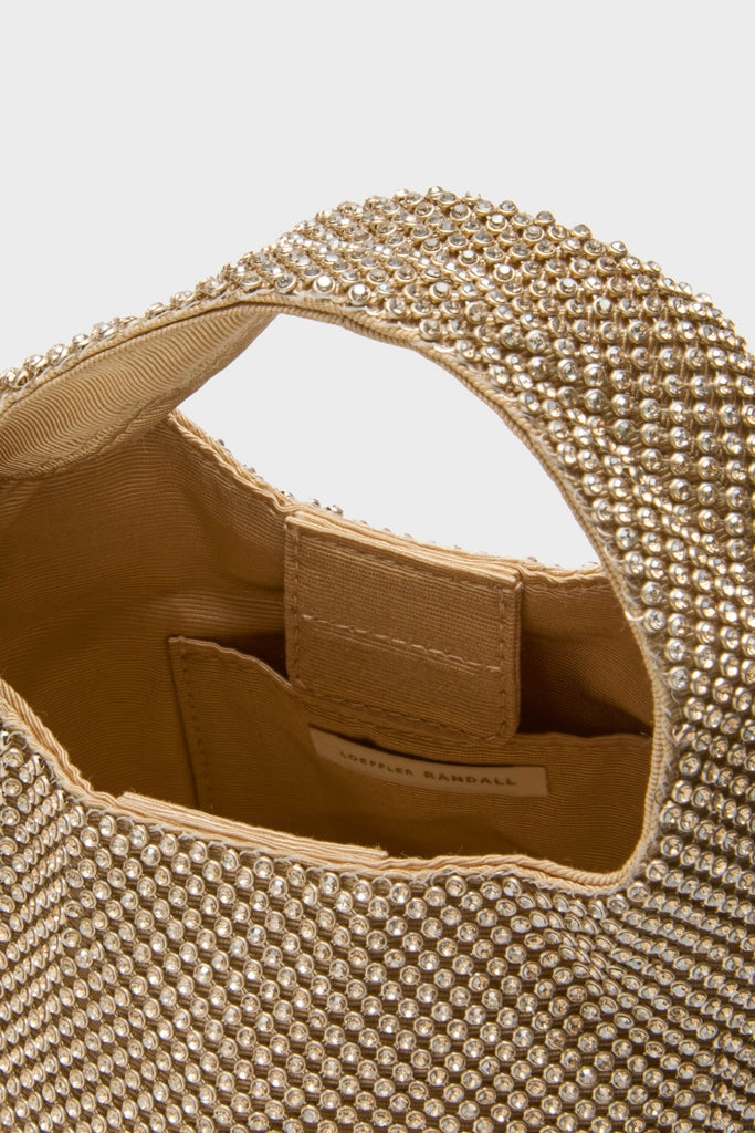 Gold Diamante Kenzie Bag: A classic, high-end tote with gold rhinestones, top handle, and magnetic closure. Effortless elegance for fun, glamorous evenings.