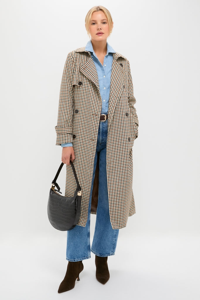 Model in classic houndstooth trench with the Ebony Croc Embossed Harlow Shoulder Bag, exuding effortless style and fun sophistication, perfect for high-end everyday wear.
