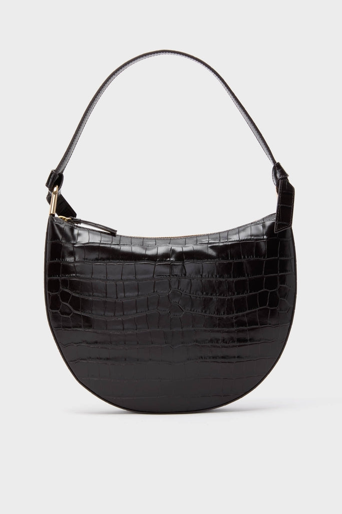 Ebony Croc Embossed Harlow Shoulder Bag: A classic, crescent-shaped, high-end accessory with an effortless design, featuring croc-embossed leather, fun gold hardware, and a practical top zip closure.