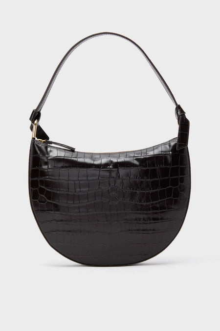 Ebony Croc Embossed Harlow Shoulder Bag: A classic, crescent-shaped, high-end accessory with an effortless design, featuring croc-embossed leather, fun gold hardware, and a practical top zip closure.