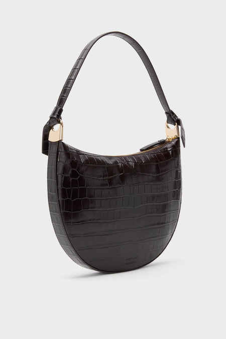 Ebony Croc Embossed Harlow Shoulder Bag: A classic, crescent-shaped shoulder bag in high-end croc-embossed leather with effortless gold hardware, perfect for fun, everyday elegance.