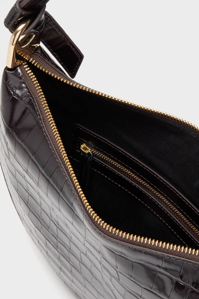 Ebony Croc Embossed Harlow Shoulder Bag: classic and effortless, featuring gold-tone hardware, top zip closure, and interior pocket. High-end leather craftsmanship for everyday fun and sophistication.