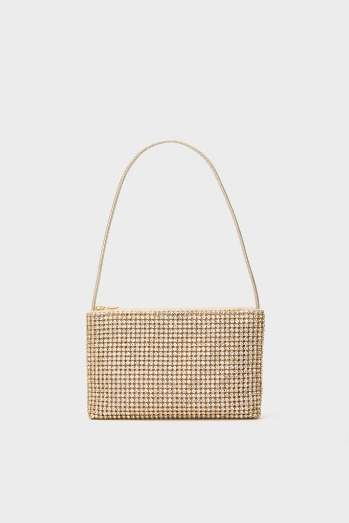 Gold Rhinestone Diamante Clutch: A classic, high-end baguette purse with shimmering rhinestones, top zip closure, and a matching gold strap for effortless, fun elegance.
