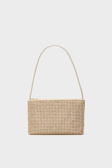 Gold Rhinestone Diamante Clutch: A classic, high-end baguette purse with shimmering rhinestones, top zip closure, and a matching gold strap for effortless, fun elegance.
