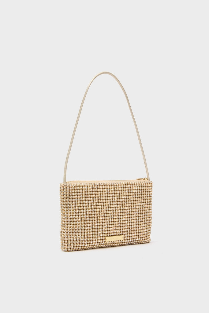 Gold Rhinestone Diamante Clutch with gold-toned rhinestones, zipper closure, and shoulder strap. Classic and high-end, perfect for effortless fun at events.