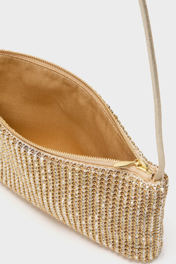 Gold Rhinestone Diamante Clutch with shimmering beads, open top zipper showing gold lining, and an optional thin strap. Classic, effortless accessory for high-end, fun occasions.