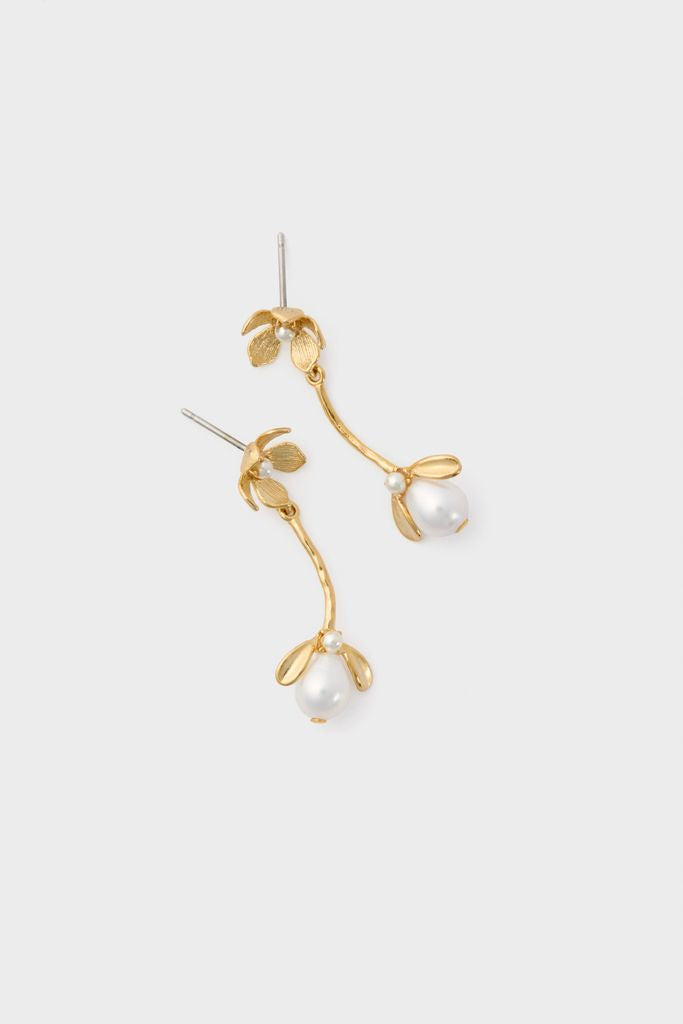 Gold Maryanne Earrings with a classic floral motif, featuring an effortless gold-tone design and a fun white teardrop pearl, exuding a high-end charm.