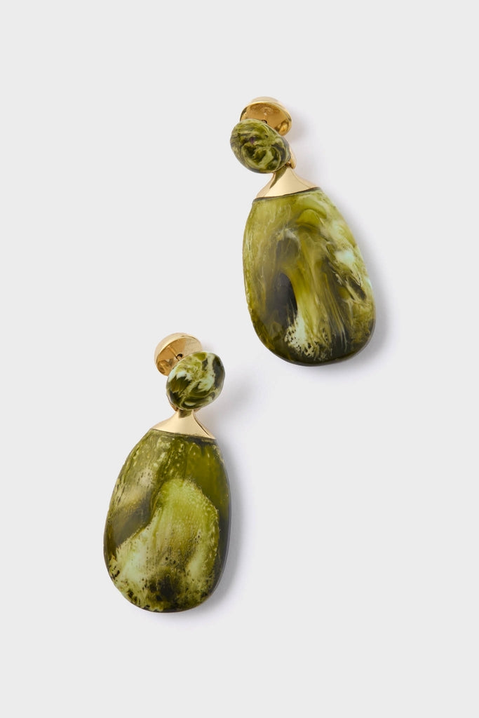 Malachite River Rock 2 Drop Earrings: Classic drop earrings featuring olive-green marbled resin stones, effortlessly joined by brass details, offering a fun and high-end accessory for any look.