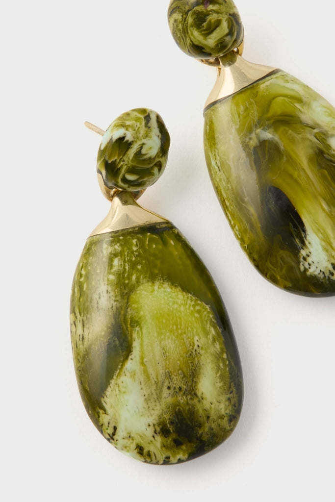 Malachite River Rock 2 Drop Earrings: Classic marbled green resin teardrops with brass detailing, effortlessly blending natural elegance for a fun, high-end accent.