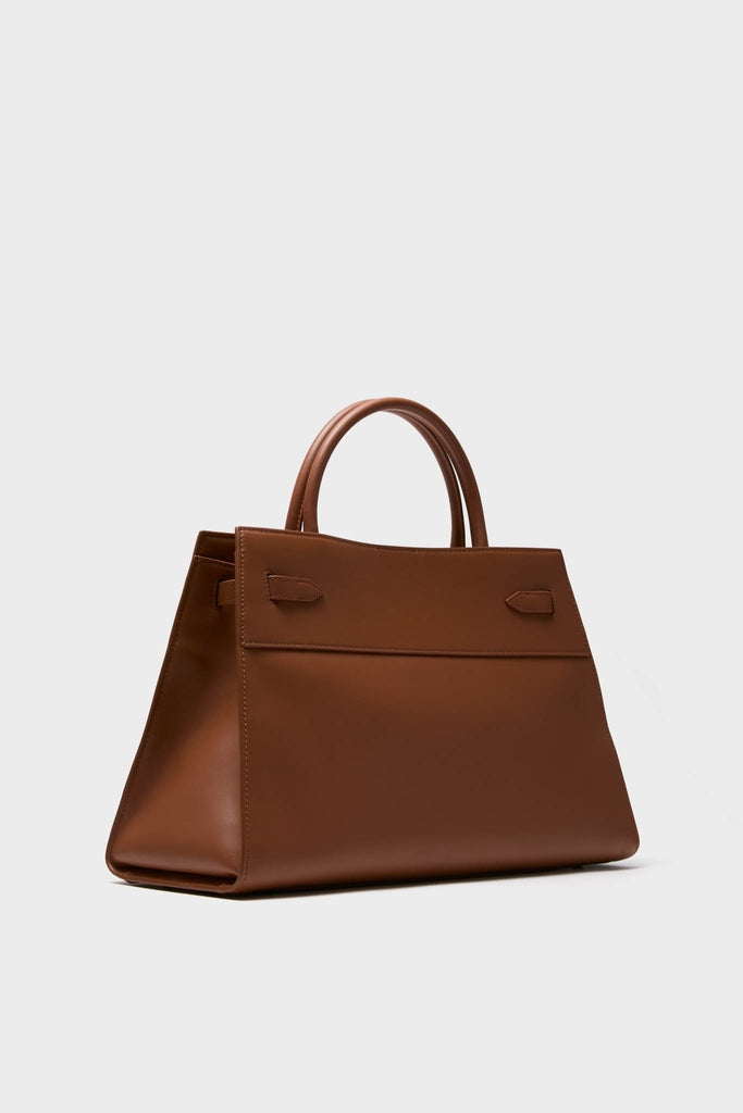 Hazelwood Large Veronica Beard Dash Bag in smooth brown leather, featuring classic, effortless style with structured top handles, adjustable strap, and refined high-end design.