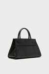 Black Veronica Beard Dash Bag with classic, structured design. Features rolled top-handles, removable shoulder strap, and interior pockets. Effortless, high-end style for versatile, fun accessorizing.