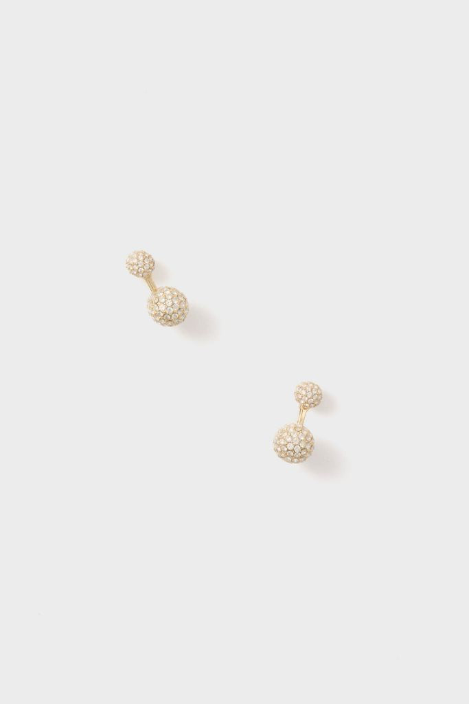 Gold and Pave Floating Spark Earrings: classic gold-tone studs with crystal pavé, featuring a double-sphere design for an effortless, fun, and high-end look.
