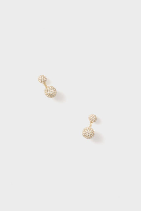 Gold and Pave Floating Spark Earrings: classic gold-tone studs with crystal pavé, featuring a double-sphere design for an effortless, fun, and high-end look.