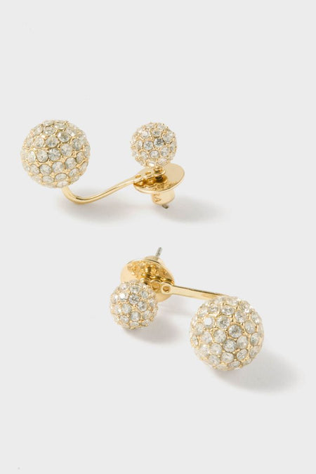 Gold and Pave Floating Spark Earrings, featuring classic gold-tone with two pavé-set crystal spheres, offer effortless, high-end glam for fun, versatile wear.