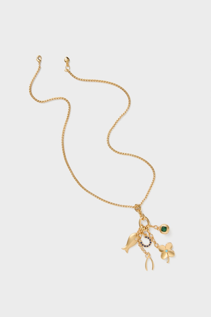 Gold Buona Fortuna Necklace features a classic gold-tone chain with five fun, dangling charms for an effortless, high-end look. Perfect for adding playful elegance.