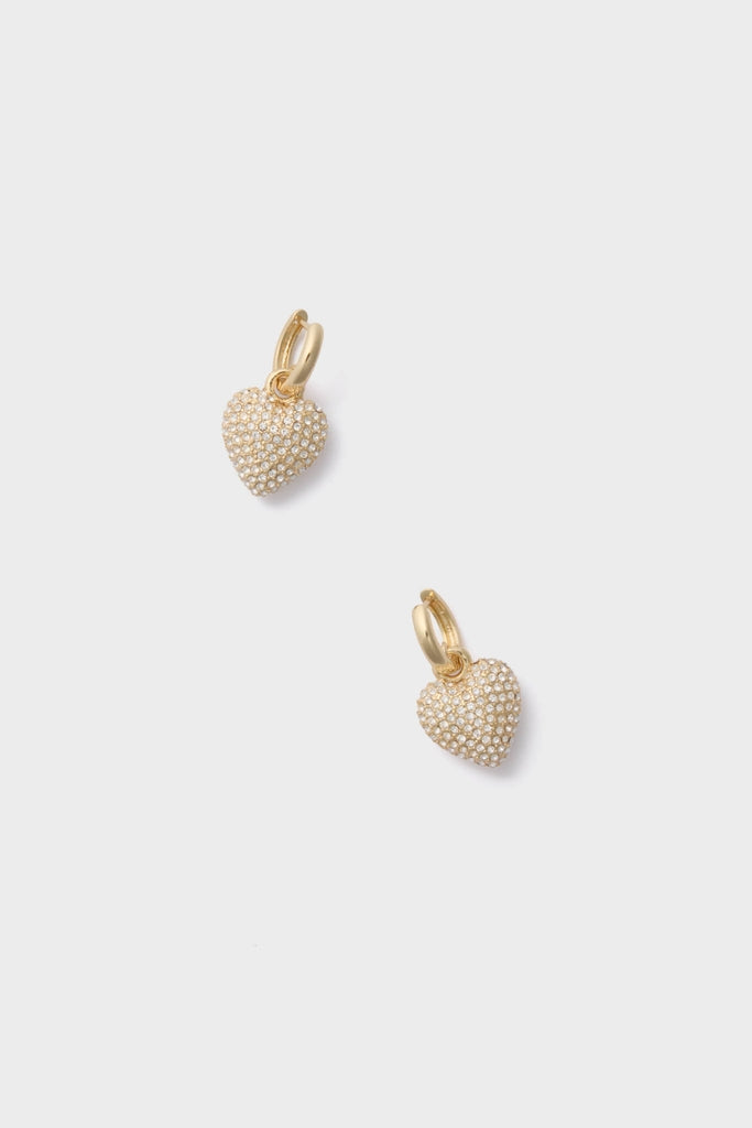 Gold The Mini Pave Puffy Heart Earrings: Classic gold hoops with crystal-encrusted heart charms offer an effortless, fun sparkle, perfect for adding high-end elegance to any outfit.