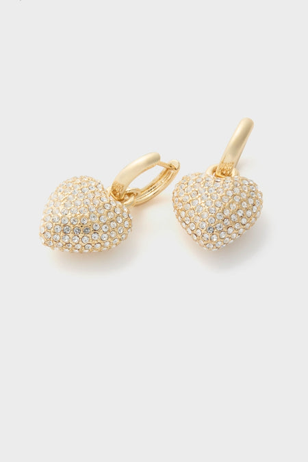 Gold The Mini Pave Puffy Heart Earrings, classic and effortlessly cool, feature crystal-encrusted heart charms and hinged hoops, adding a fun, high-end sparkle to any look.